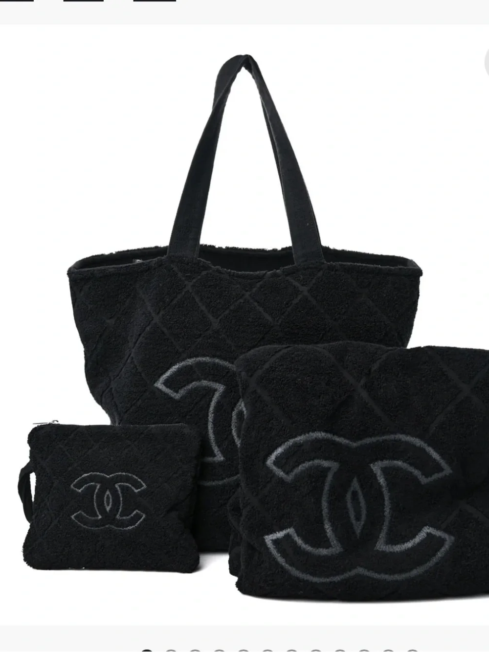 CHANEL Black Quilted Terry Tote with Matching Pouch and Pillow